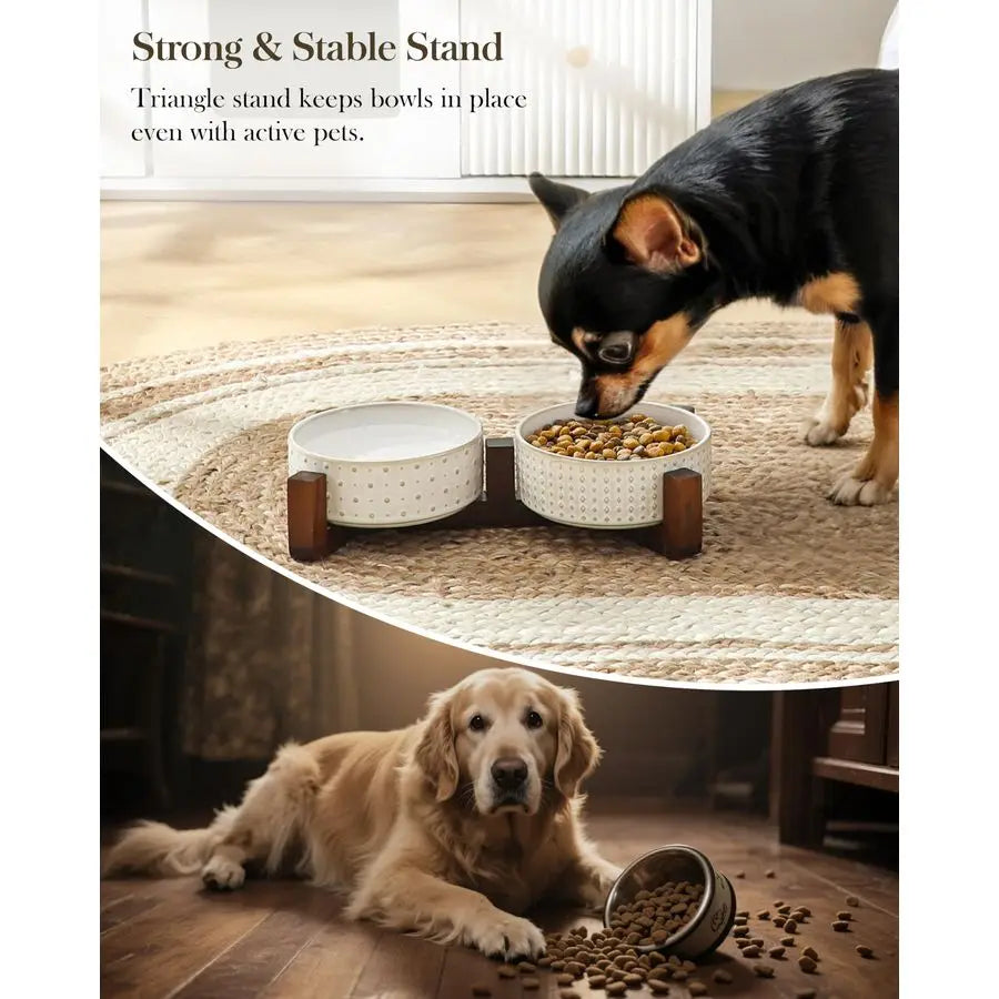 Walnut Wood Dog Bowl Set With Dual Ceramic Bowls Stand