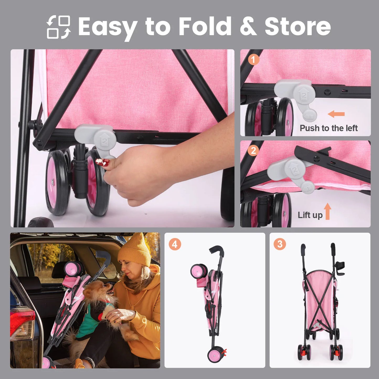 Wedyvko Pet Dog Stroller Four Wheels Rotating Brakes Storage Travel
