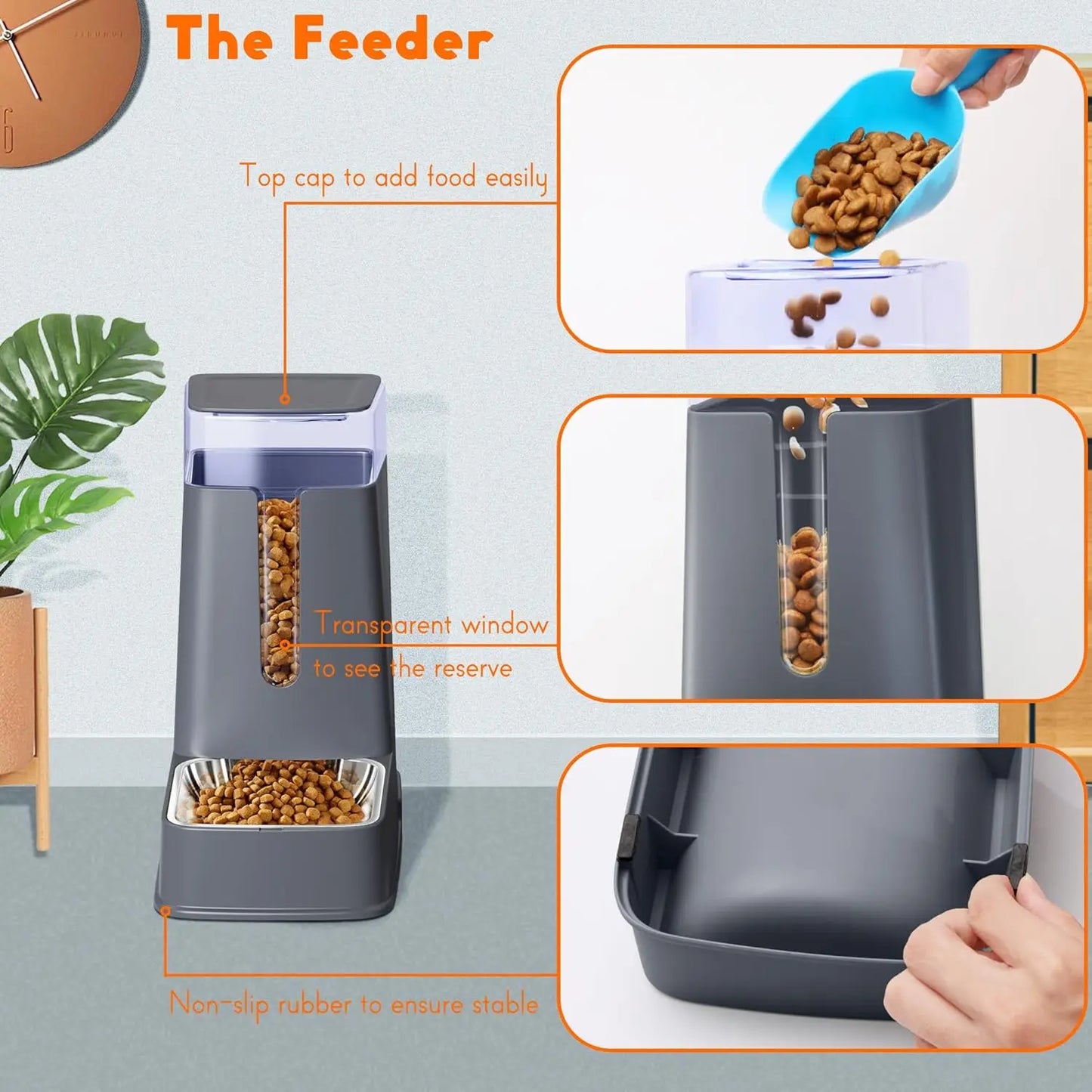 Automatic Pet Feeder And Water Dispenser With Stainless Steel Bowls