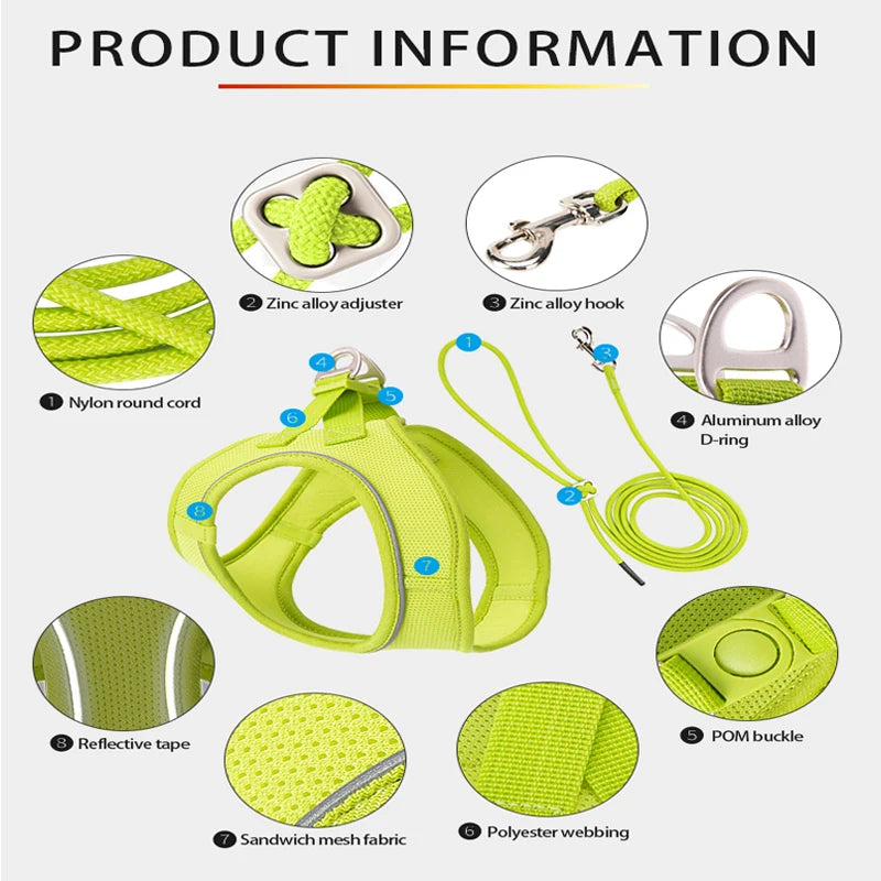 Nylon Reflective Dog Harness Leash Set Adjustable For Pets