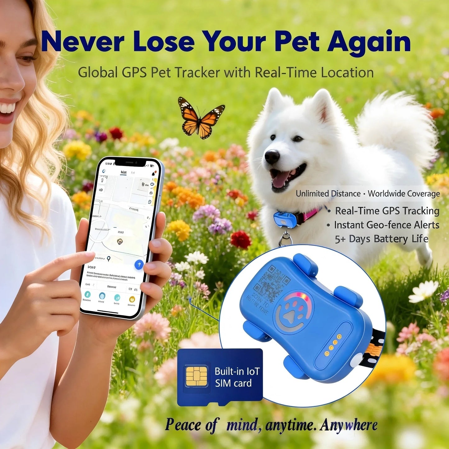 WANWAYTECH GPS Pet Tracker for Dogs Cats with IoT Sim