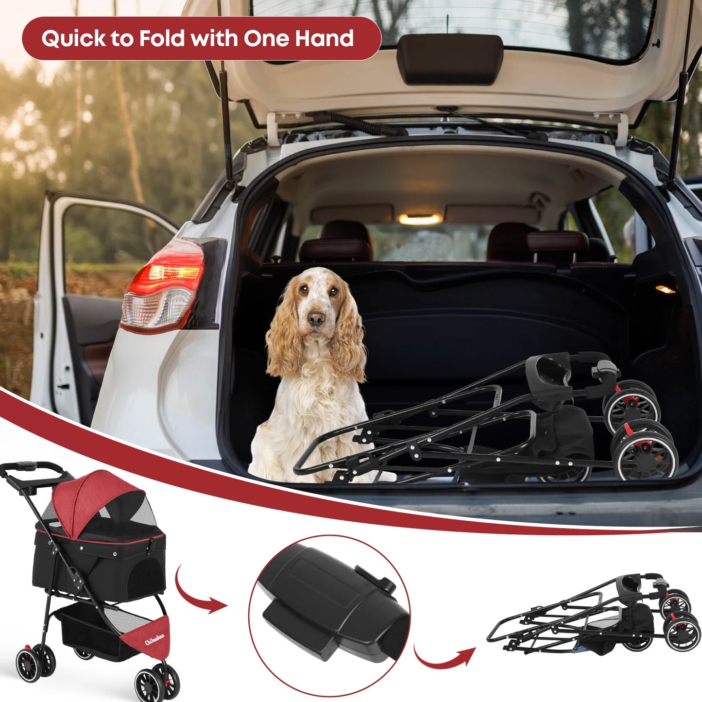 Chihuahua Pet Stroller For Small Cats And Dogs 3 Wheels