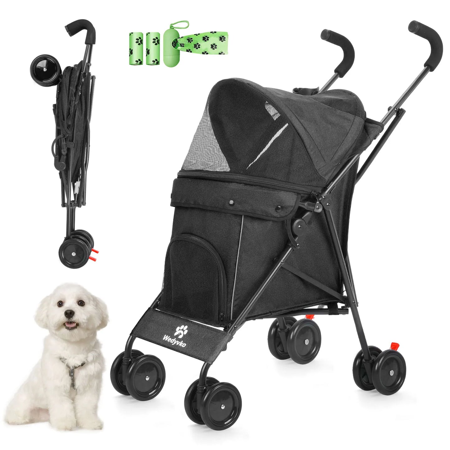 Wedyvko Pet Dog Stroller Four Wheels Rotating Brakes Storage Travel