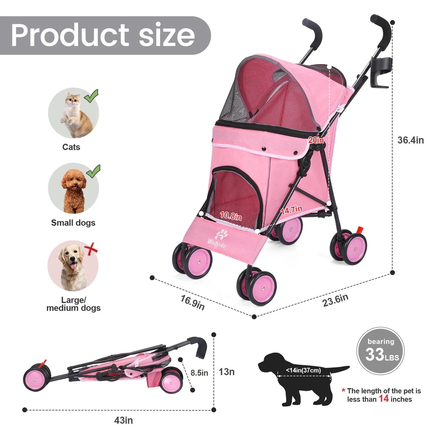 Wedyvko Pet Dog Stroller Four Wheels Rotating Brakes Storage Travel