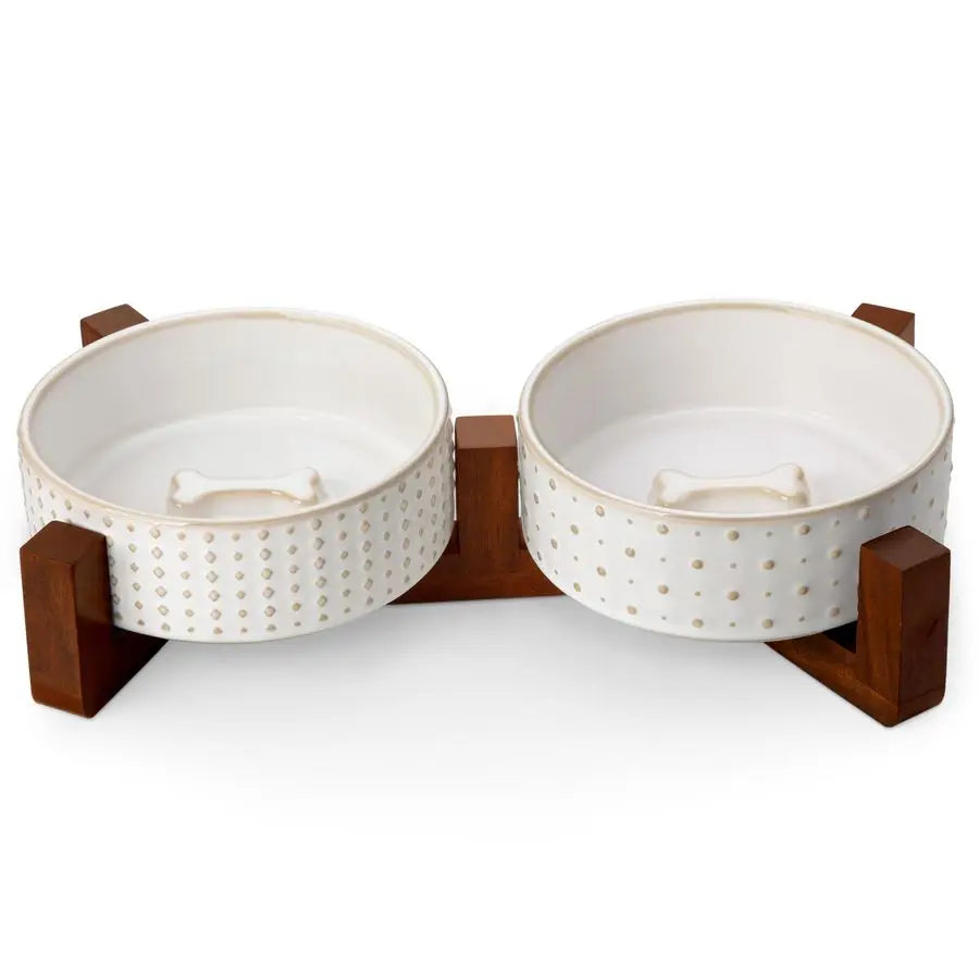 Walnut Wood Dog Bowl Set With Dual Ceramic Bowls Stand