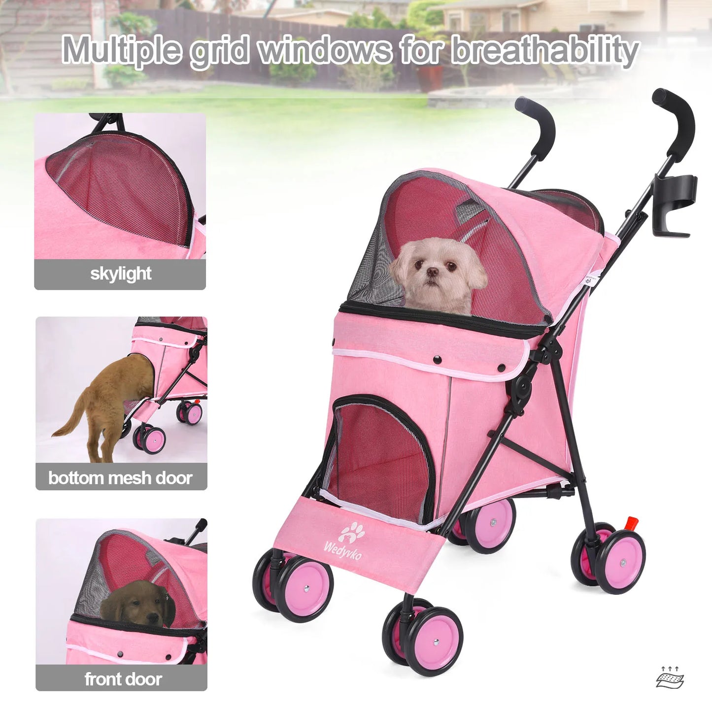 Wedyvko Pet Dog Stroller Four Wheels Rotating Brakes Storage Travel