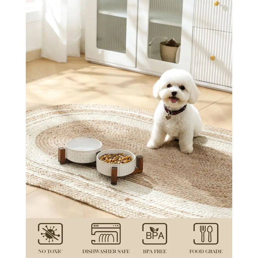 Walnut Wood Dog Bowl Set With Dual Ceramic Bowls Stand
