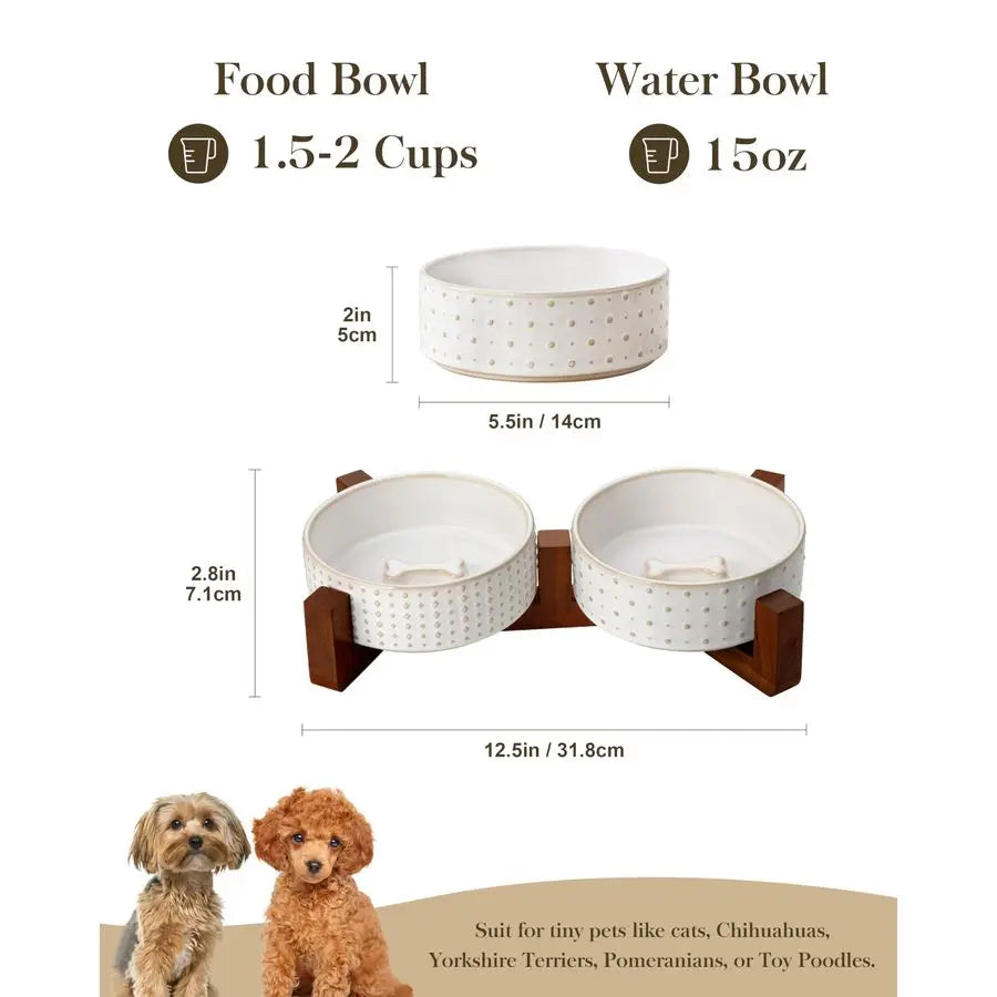 Walnut Wood Dog Bowl Set With Dual Ceramic Bowls Stand