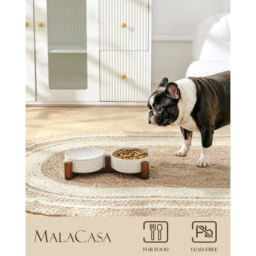 Walnut Wood Dog Bowl Set With Dual Ceramic Bowls Stand
