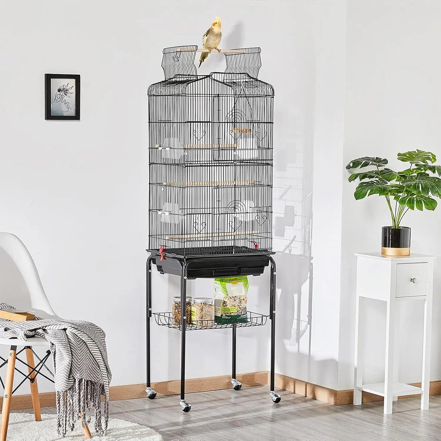 Open Top Bird Cage With Rolling Stand For Parrots Finches