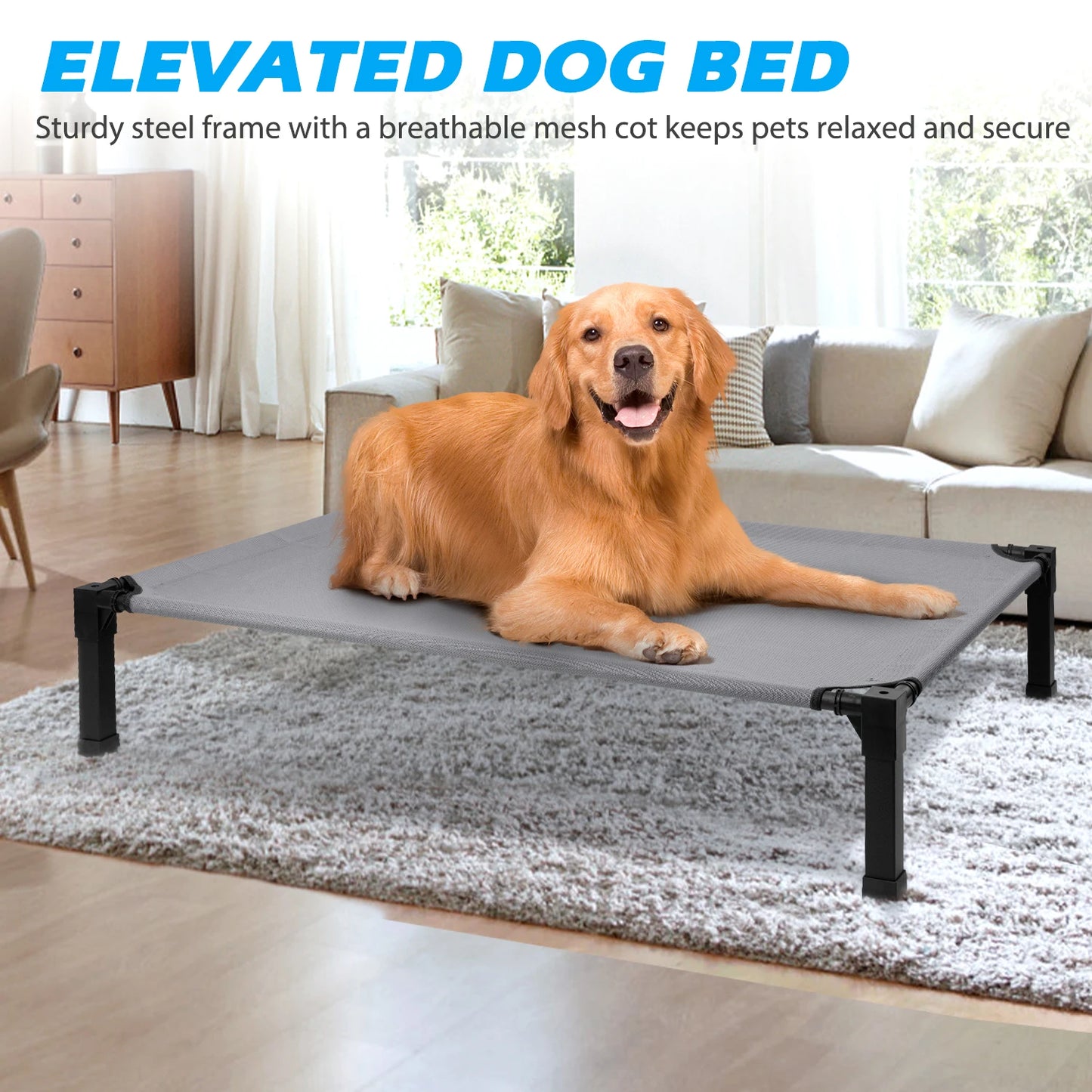 Portable Elevated Dog Bed With Chewproof Mesh And Metal Frame