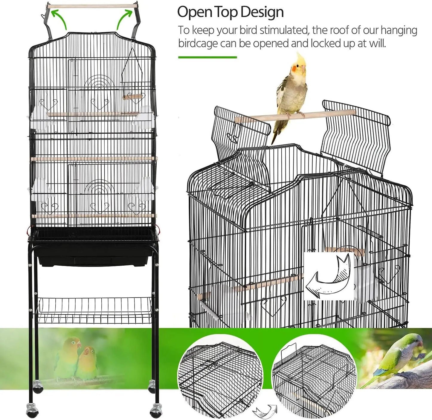 Open Top Bird Cage With Rolling Stand For Parrots Finches