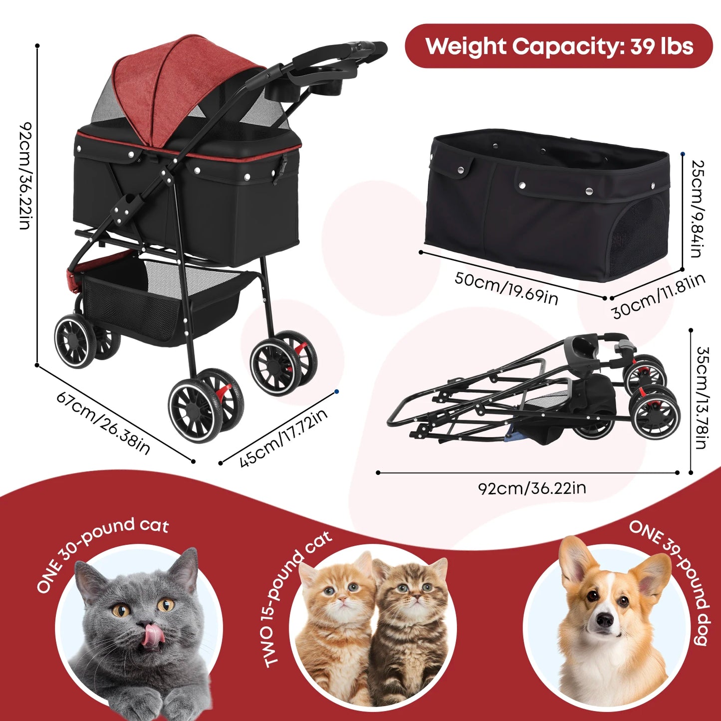 Chihuahua Pet Stroller For Small Cats And Dogs 3 Wheels