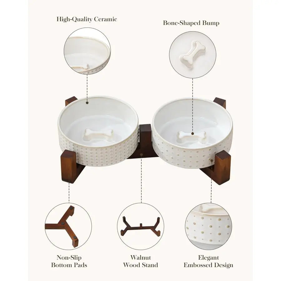 Walnut Wood Dog Bowl Set With Dual Ceramic Bowls Stand