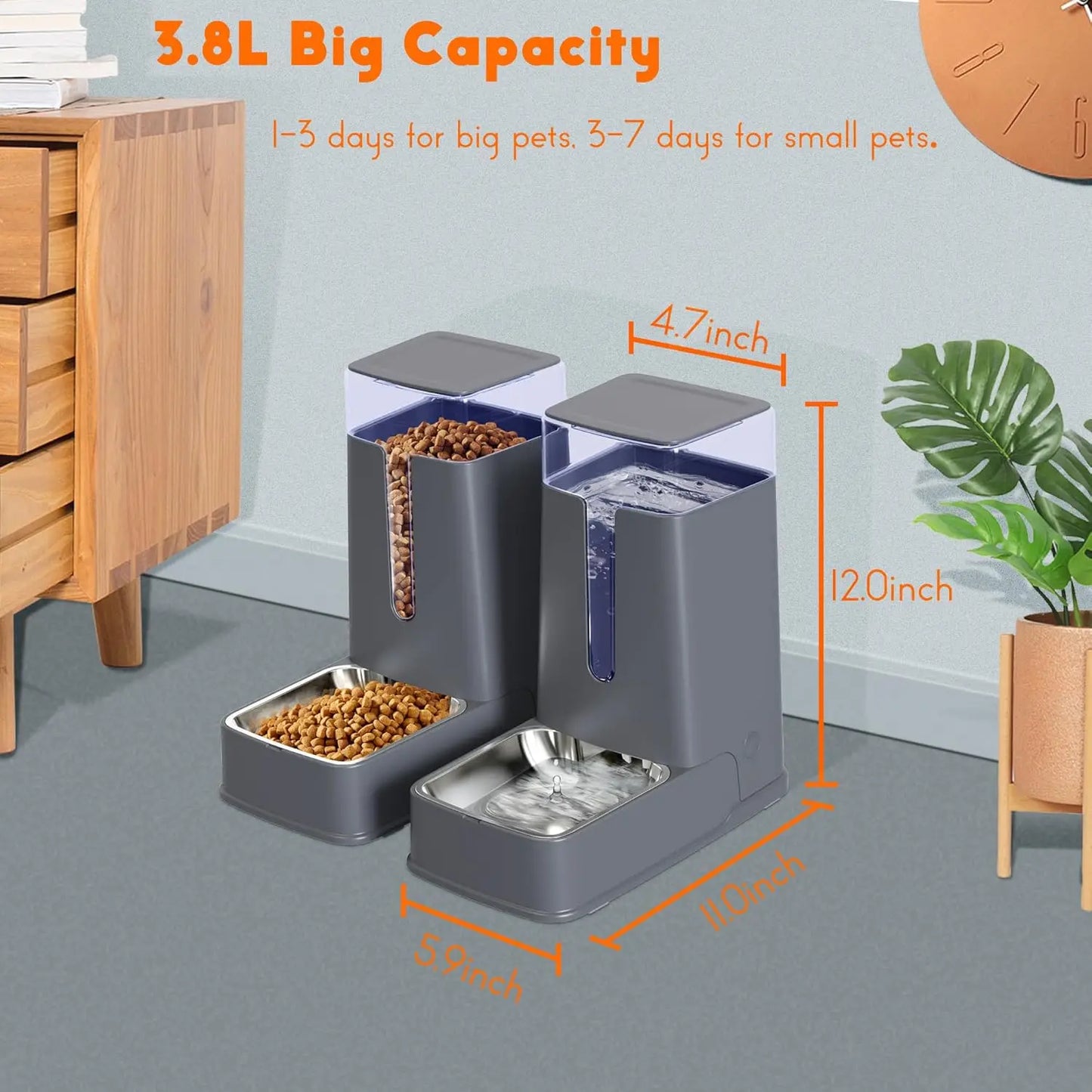 Automatic Pet Feeder And Water Dispenser With Stainless Steel Bowls