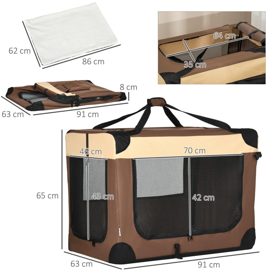 PawHut 91cm Foldable Pet Carrier Cat Bag, Portable Kitten Carrier, Pet Travel Bag w/ Cushion, for Cats and Large Dogs - Brown