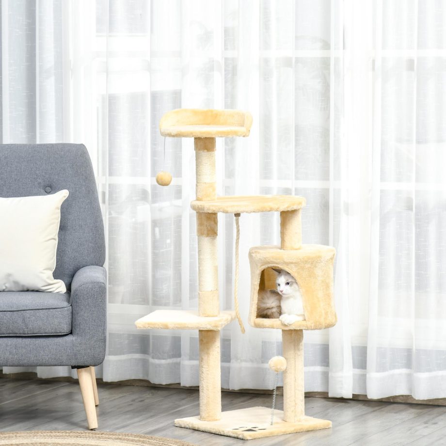 PawHut Cat Tree for Indoor Cats Pet Activity Centre Kitty Condo Climbing Scratching Post with Toys 4-tier 114cm Tall Beige