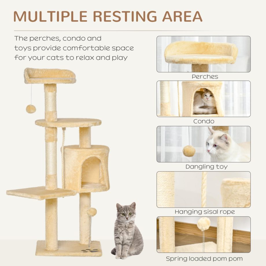 PawHut Cat Tree for Indoor Cats Pet Activity Centre Kitty Condo Climbing Scratching Post with Toys 4-tier 114cm Tall Beige