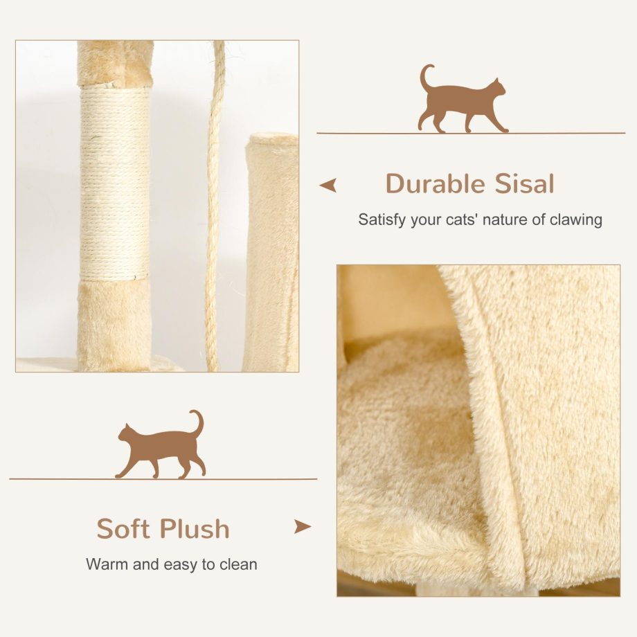 PawHut Cat Tree for Indoor Cats Pet Activity Centre Kitty Condo Climbing Scratching Post with Toys 4-tier 114cm Tall Beige