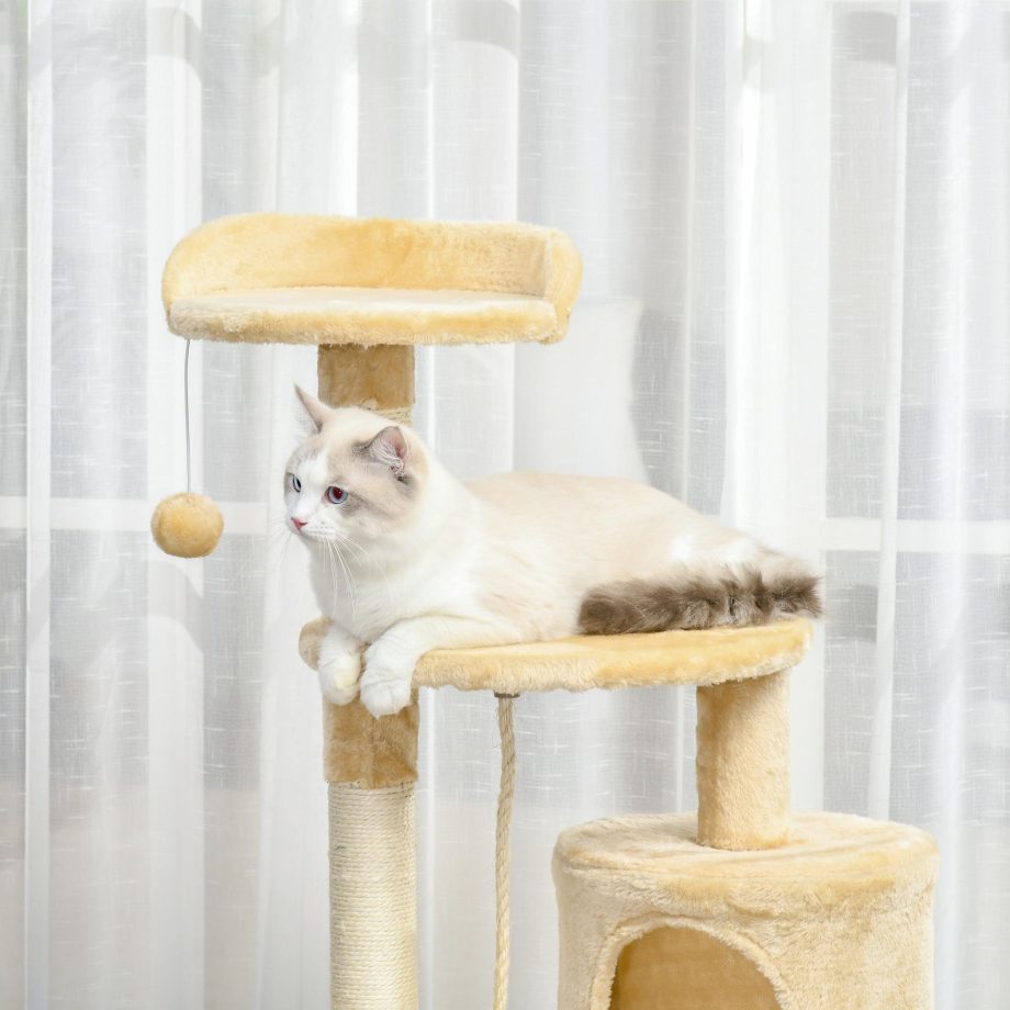 PawHut Cat Tree for Indoor Cats Pet Activity Centre Kitty Condo Climbing Scratching Post with Toys 4-tier 114cm Tall Beige