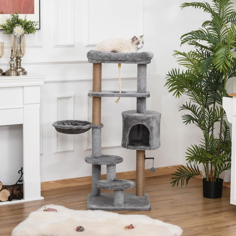 PawHut Cat Tree Tower for Indoor Cats 120cm Climbing Kitten Activity Center with Jute Scratching Post Perch Hanging Ball Hammock Teasing Rope Condo Toy Light Grey