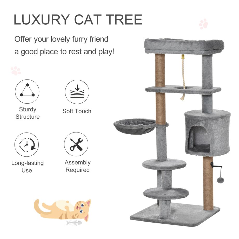 PawHut Cat Tree Tower for Indoor Cats 120cm Climbing Kitten Activity Center with Jute Scratching Post Perch Hanging Ball Hammock Teasing Rope Condo Toy Light Grey