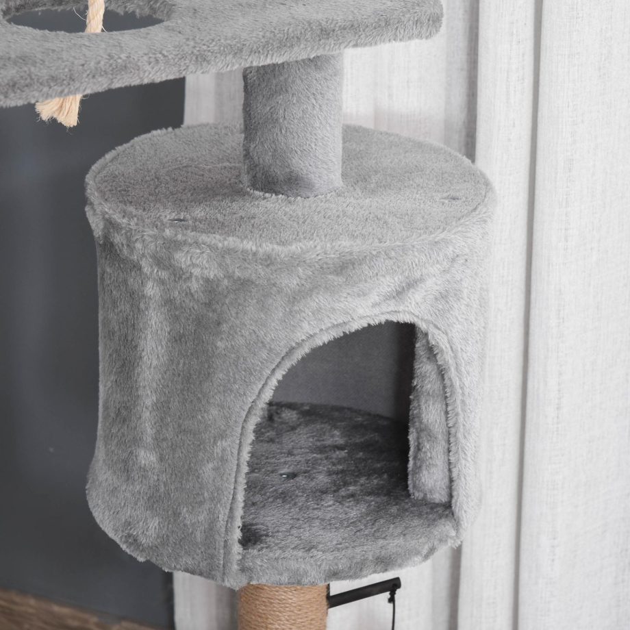 PawHut Cat Tree Tower for Indoor Cats 120cm Climbing Kitten Activity Center with Jute Scratching Post Perch Hanging Ball Hammock Teasing Rope Condo Toy Light Grey