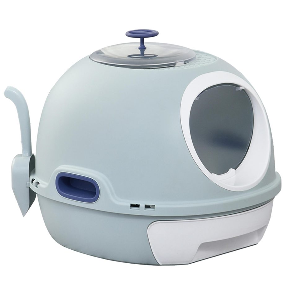 PawHut Cat Litter Box Toilet With Litter Scoop Enclosed Drawer Skylight Easy To Clean Blue