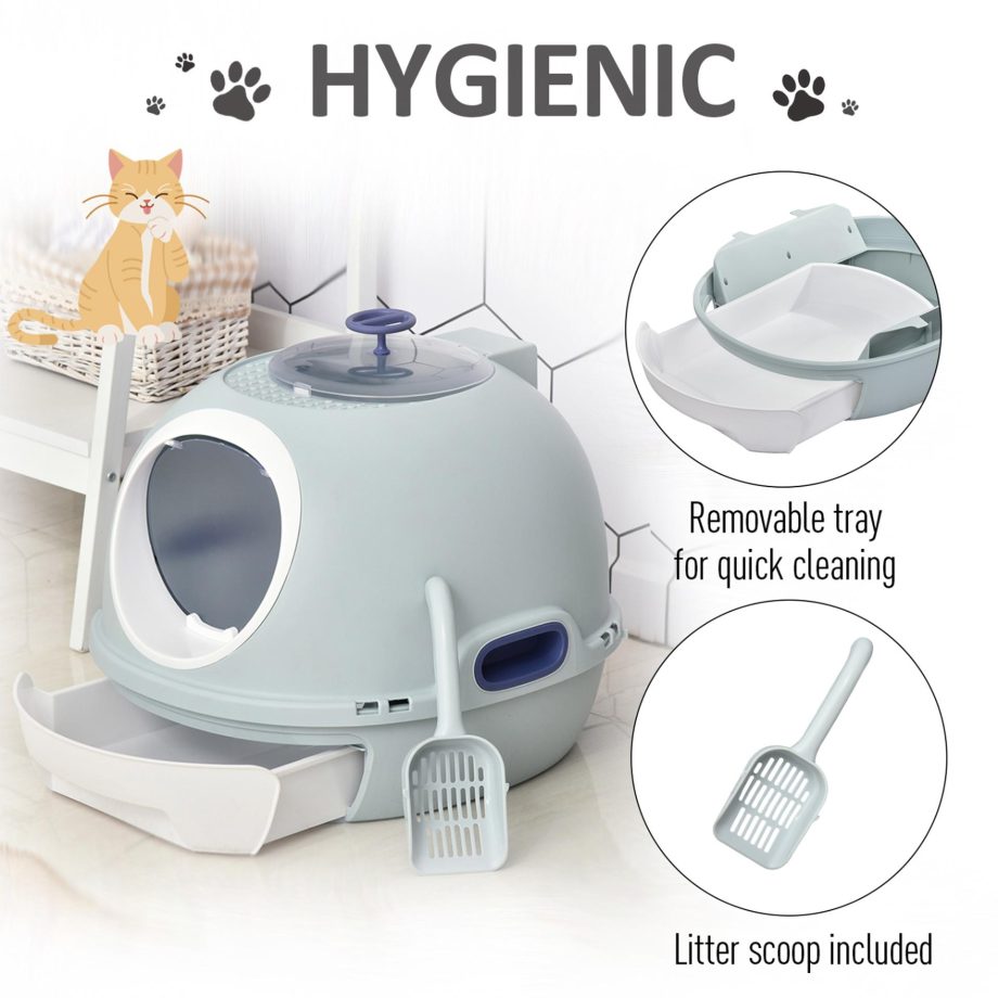 PawHut Cat Litter Box Toilet With Litter Scoop Enclosed Drawer Skylight Easy To Clean Blue