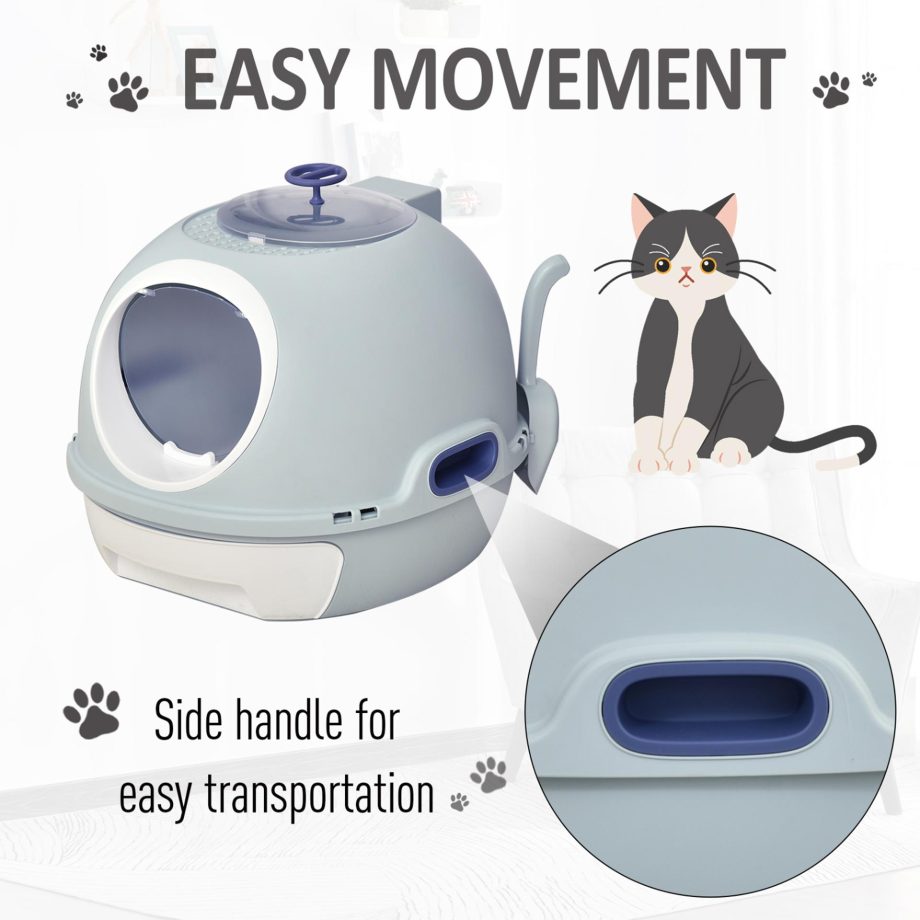 PawHut Cat Litter Box Toilet With Litter Scoop Enclosed Drawer Skylight Easy To Clean Blue