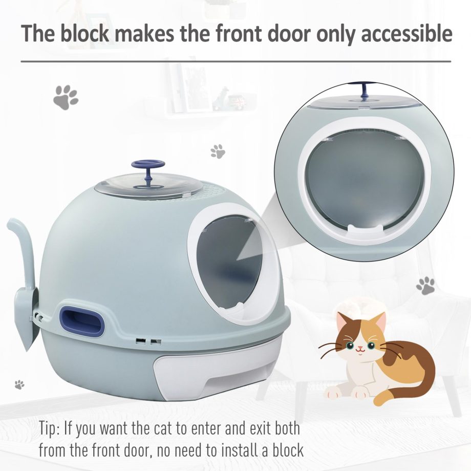 PawHut Cat Litter Box Toilet With Litter Scoop Enclosed Drawer Skylight Easy To Clean Blue