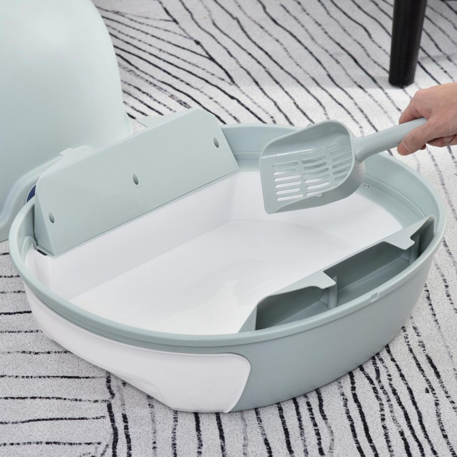 PawHut Cat Litter Box Toilet With Litter Scoop Enclosed Drawer Skylight Easy To Clean Blue