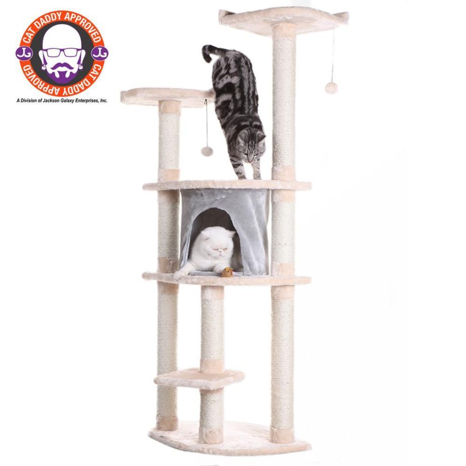 Armarkat 64" Real Wood Cat Tree With Sractch Sisal Post, Soft-side Playhouse, A6401, Almond