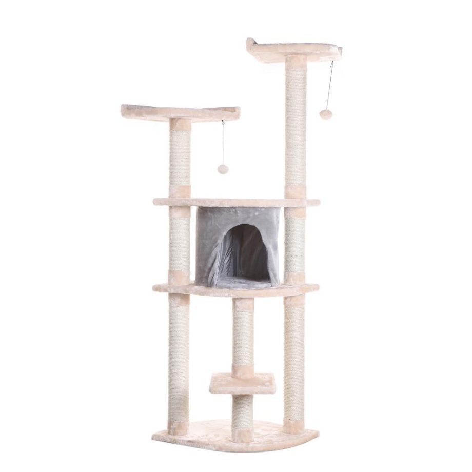 Armarkat 64" Real Wood Cat Tree With Sractch Sisal Post, Soft-side Playhouse, A6401, Almond