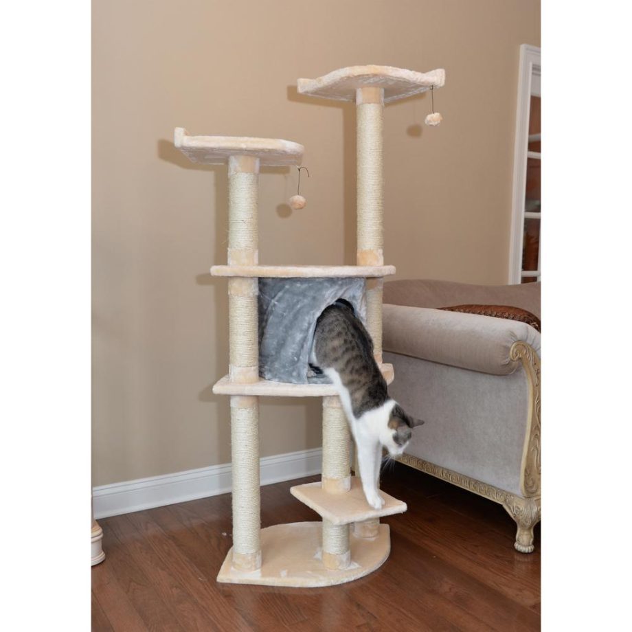 Armarkat 64" Real Wood Cat Tree With Sractch Sisal Post, Soft-side Playhouse, A6401, Almond