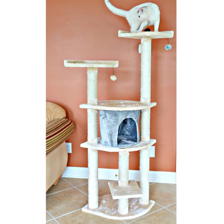 Armarkat 64" Real Wood Cat Tree With Sractch Sisal Post, Soft-side Playhouse, A6401, Almond