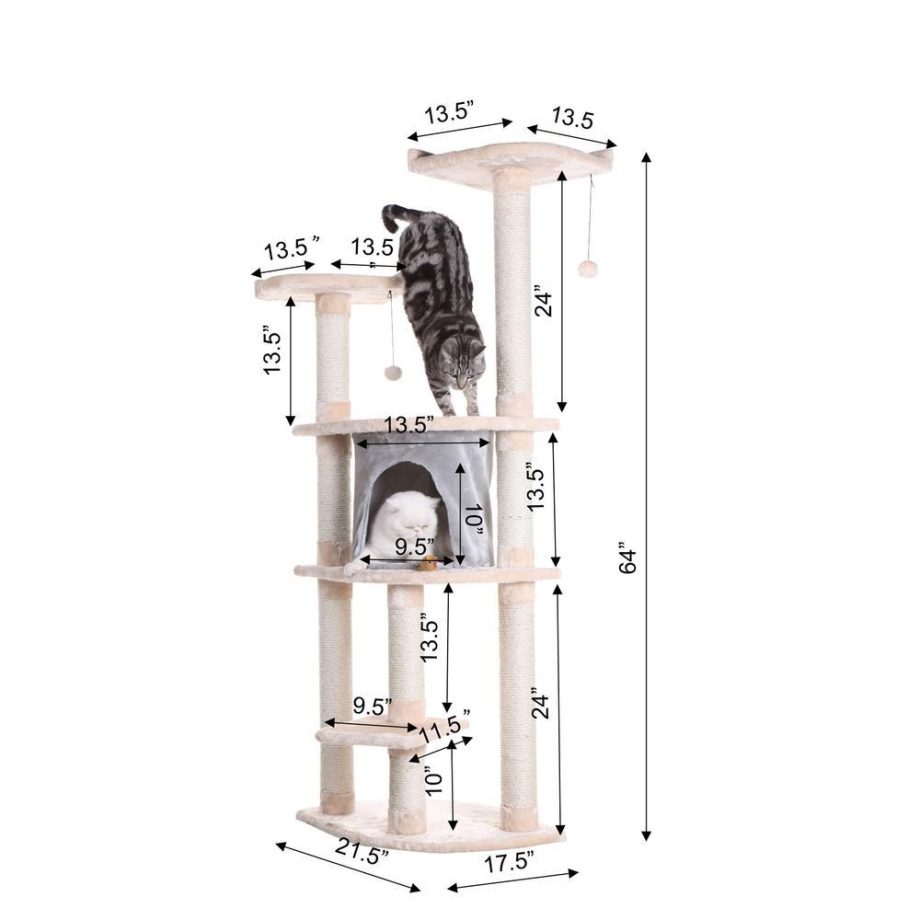 Armarkat 64" Real Wood Cat Tree With Sractch Sisal Post, Soft-side Playhouse, A6401, Almond