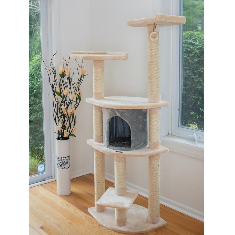 Armarkat 64" Real Wood Cat Tree With Sractch Sisal Post, Soft-side Playhouse, A6401, Almond